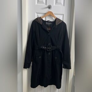 Fleet Street Ltd Black Long Coat with
Belt & Hood, Size 12, Good Condition
